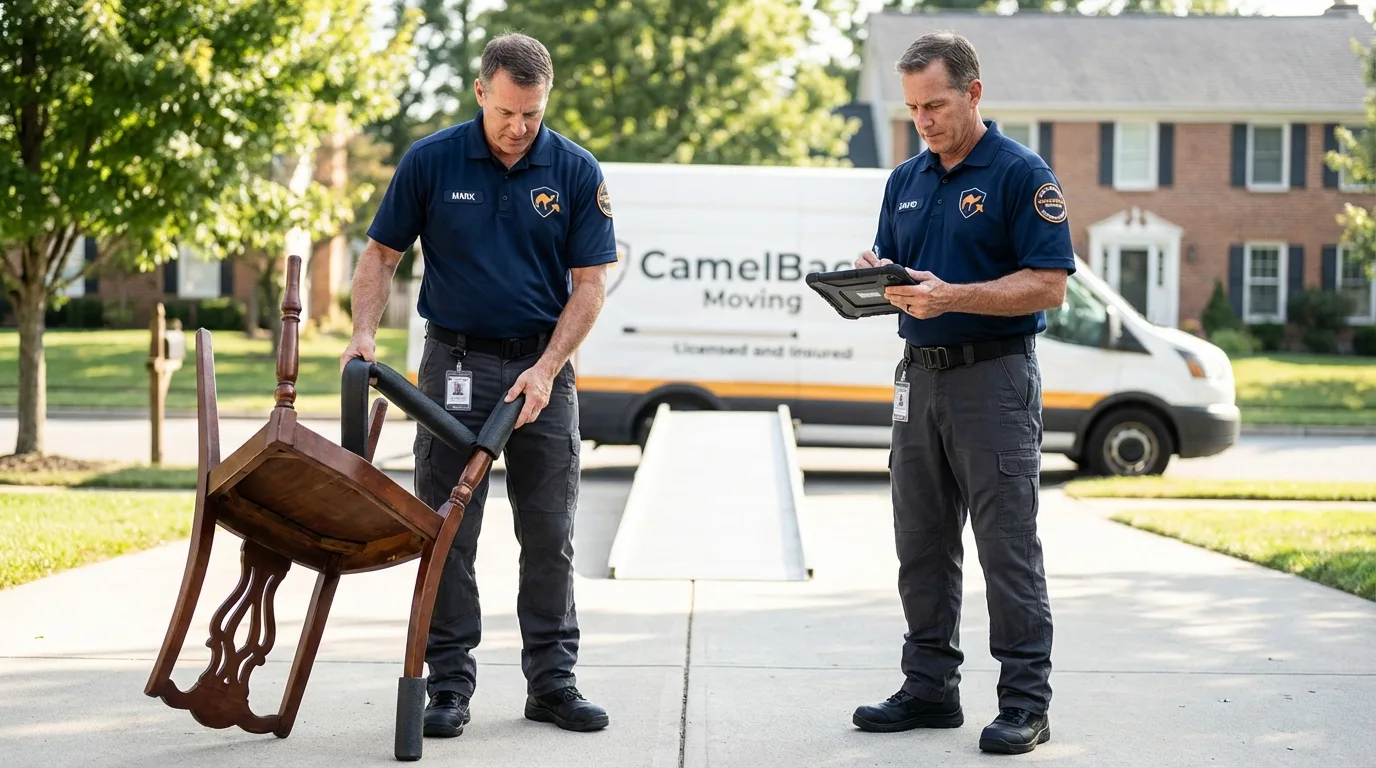 Movers inspecting furniture for damage prevention before loading in Cheswick, PA