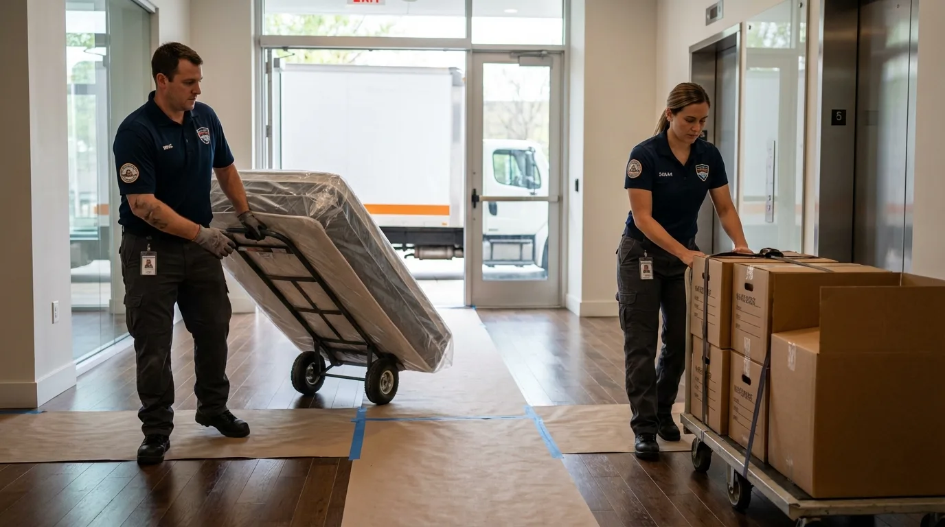 Professional apartment movers loading elevator in Cheswick, PA